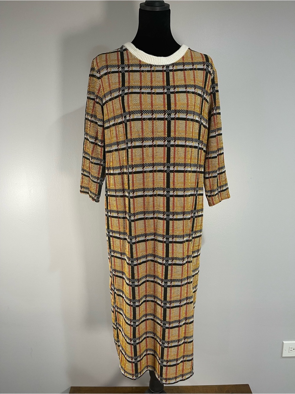 Zara Mustard Yellow Plaid Knit Midi Maxi Sweater Dress Retro Mod Sz. L